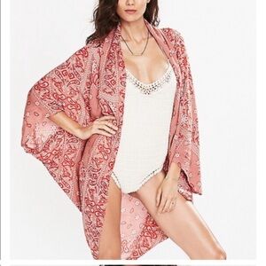 Free People Boho Red Bandana Print Kimono One Size